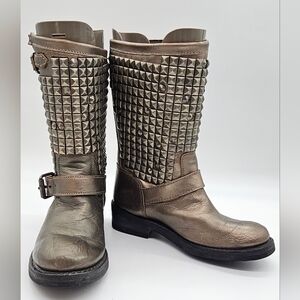 ASH Silver-Bronze Leather Studded Biker Boots Womens sz 37
